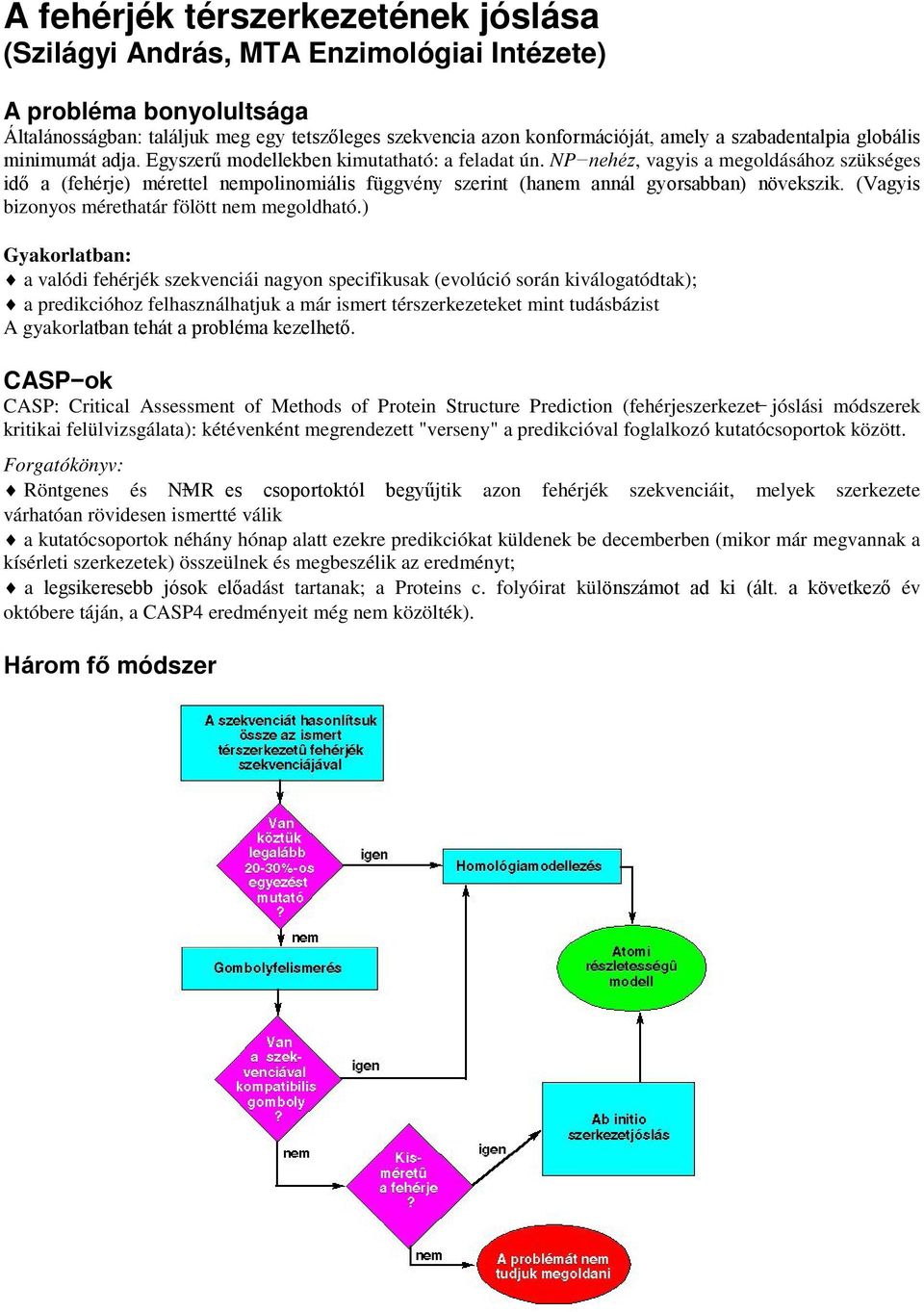 NP nehéz, vagyis a megoldásához szükséges idő a (fehérje) mérettel nempolinomiális függvény szerint (hanem annál gyorsabban) növekszik. (Vagyis bizonyos mérethatár fölött nem megoldható.