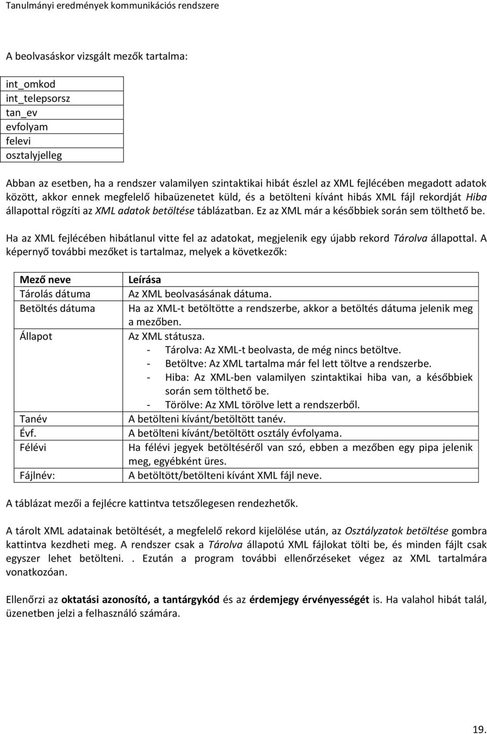 Ez az XML már a későbbiek során sem tölthető be. Ha az XML fejlécében hibátlanul vitte fel az adatokat, megjelenik egy újabb rekord Tárolva állapottal.