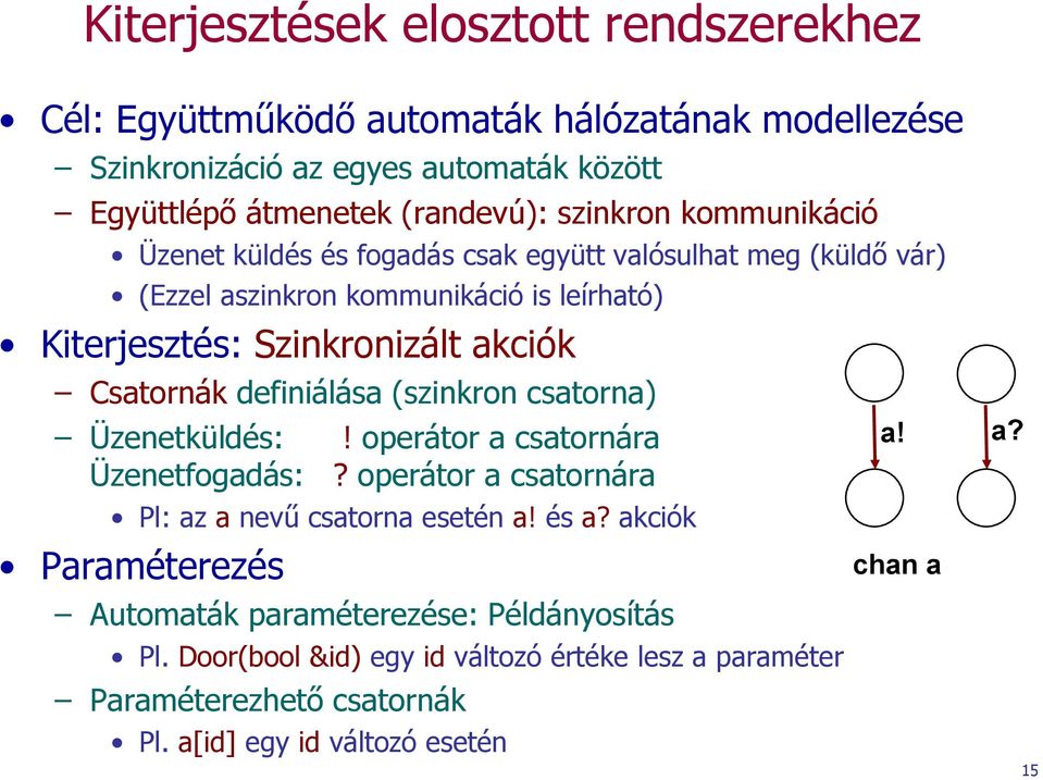 Csatornák definiálása (szinkron csatorna) Üzenetküldés:! operátor a csatornára Üzenetfogadás:? operátor a csatornára Pl: az a nevű csatorna esetén a! és a?