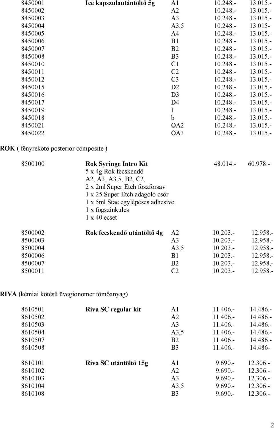 248.- 13.015.- 8450019 I 10.248.- 13.015.- 8450018 b 10.248.- 13.015.- 8450021 OA2 10.248.- 13.015.- 8450022 OA3 10.248.- 13.015.- ROK ( fényreköt posterior composite ) 8500100 Rok Syringe Intro Kit 48.