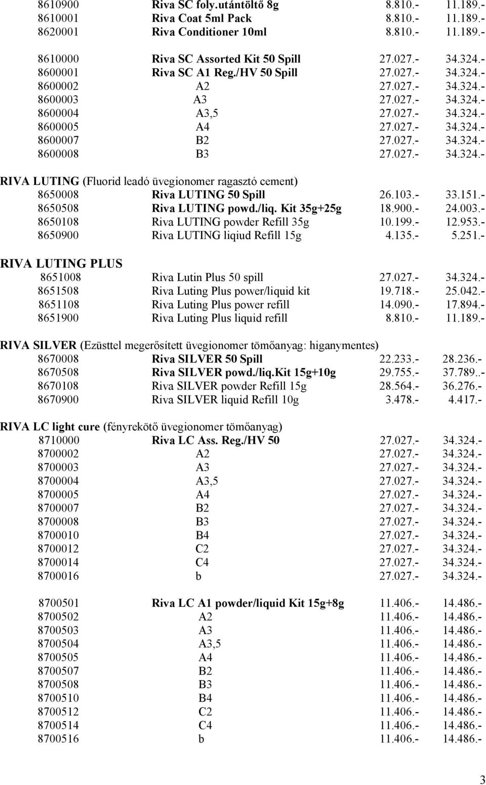 027.- 34.324.- RIVA LUTING (Fluorid leadó üvegionomer ragasztó cement) 8650008 Riva LUTING 50 Spill 26.103.- 33.151.- 8650508 Riva LUTING powd./liq. Kit 35g+25g 18.900.- 24.003.