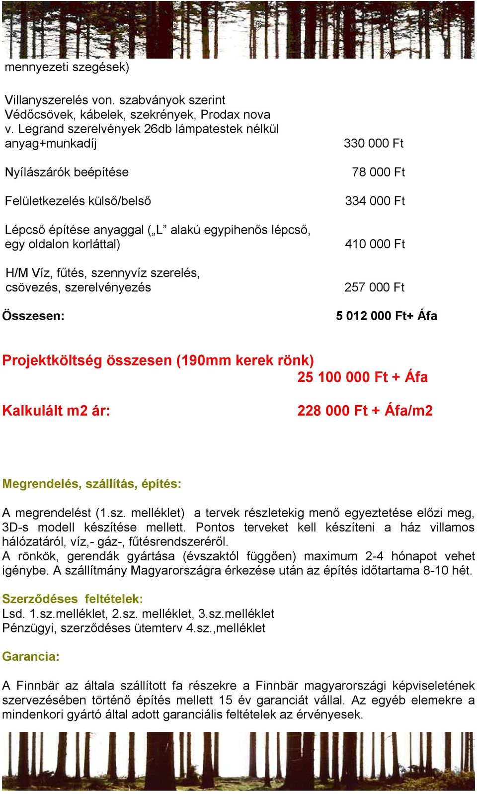 fűtés, szennyvíz szerelés, csövezés, szerelvényezés : 330 000 Ft 78 000 Ft 334 000 Ft 410 000 Ft 257 000 Ft 5 012 000 Ft+ Áfa Projektköltség összesen (190mm kerek rönk) 25 100 000 Ft + Áfa Kalkulált