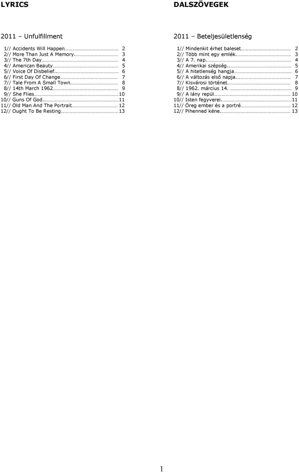 . 11 11// Old Man And The Portrait 12 12// Ought To Be Resting 13 2011 Beteljesületlenség 1// Mindenkit érhet baleset 2 2// Több mint egy emlék. 3 3// A 7. nap.