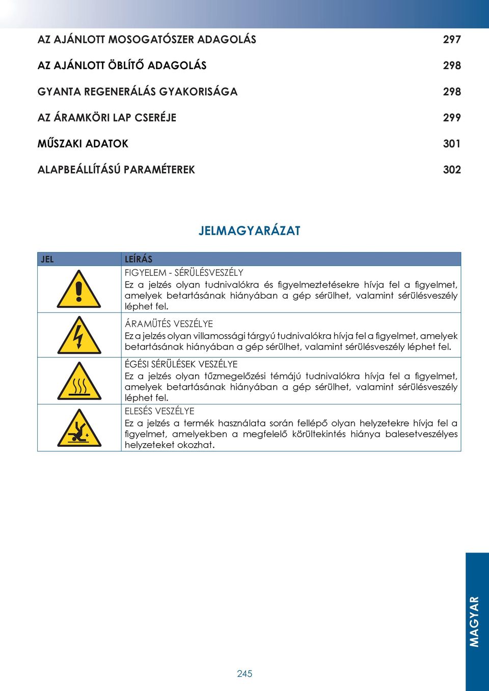 301 ALAPBEÁLLÍTÁSÚ PARAMÉTEREK 302 JELMAGYARÁZAT JEL