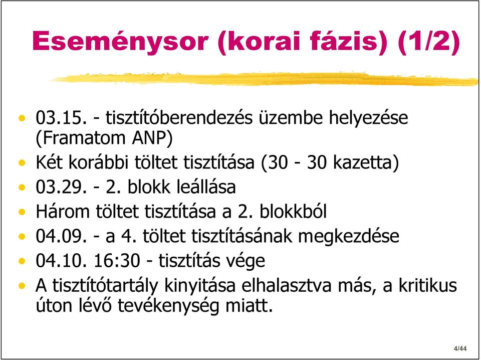 kazetta) 03.29. - 2. blokk leállása Három töltet tisztítása a 2. blokkból 04.09. - a 4.