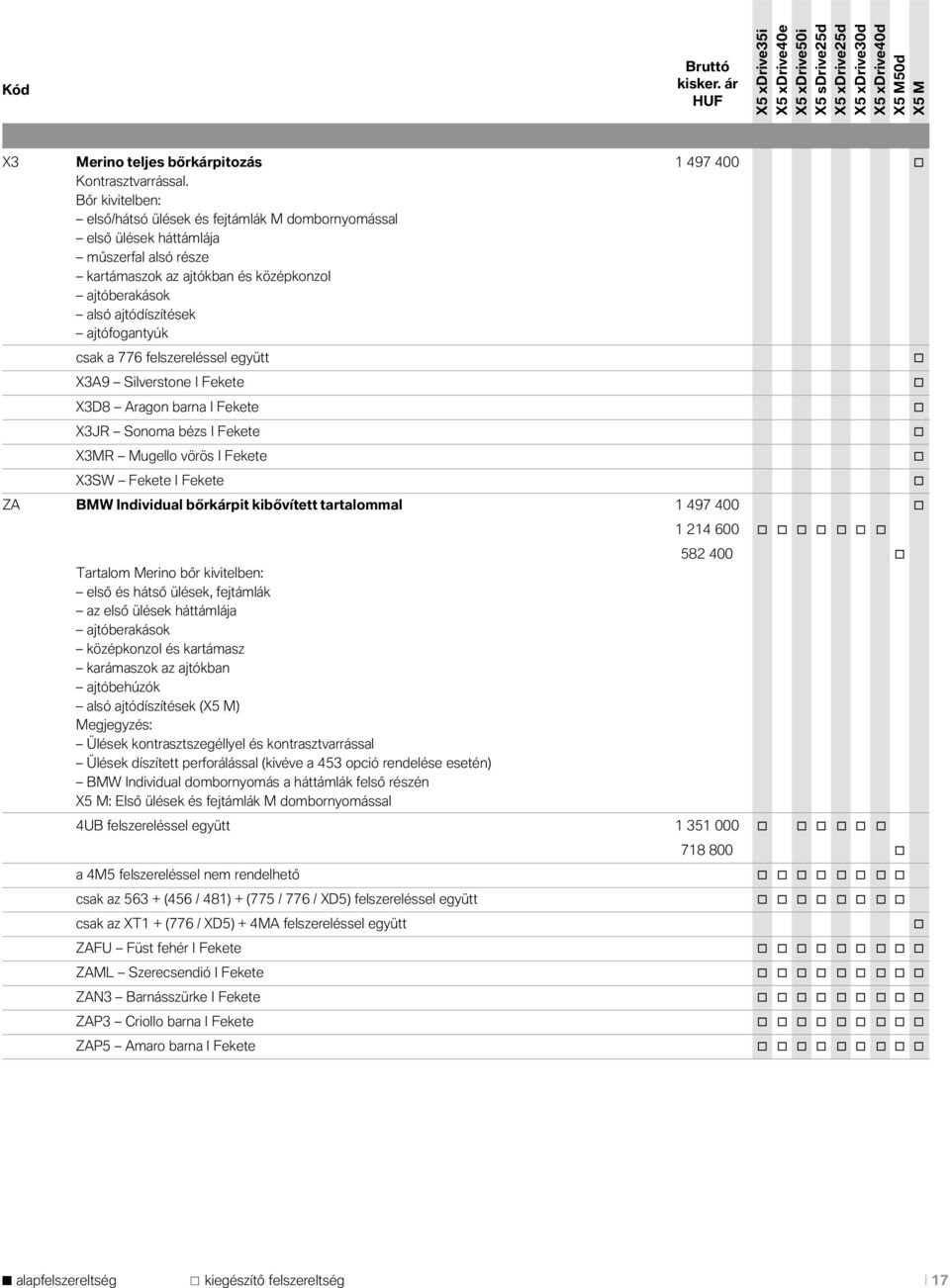 felszereléssel együtt X3A9 Silverstne I Fekete X3D8 Aragn barna I Fekete X3JR Snma bézs I Fekete X3MR Mugell vörös I Fekete X3SW Fekete I Fekete ZA BMW Individual bőrkárpit kibővített tartalmmal 1