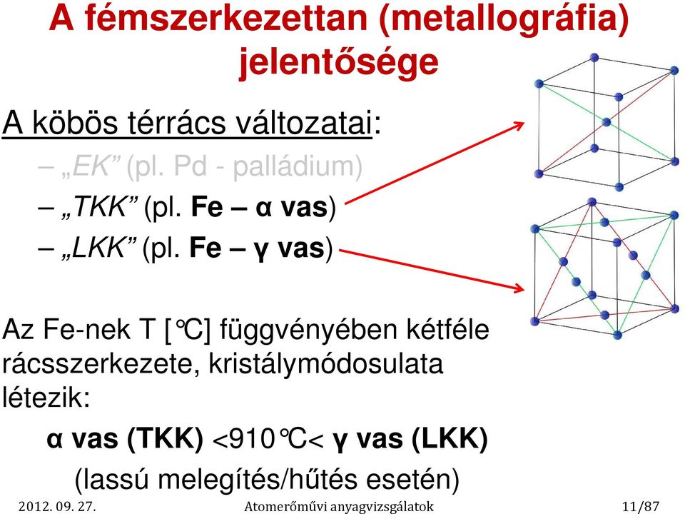 Fe γvas) Az Fe-nek T [ C] függvényében kétféle rácsszerkezete, kristálymódosulata