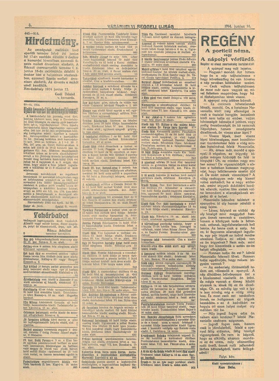 Gől Dániel v. kmrás. hmvásárhelyi k i r. jbiróság, mint tkvi.