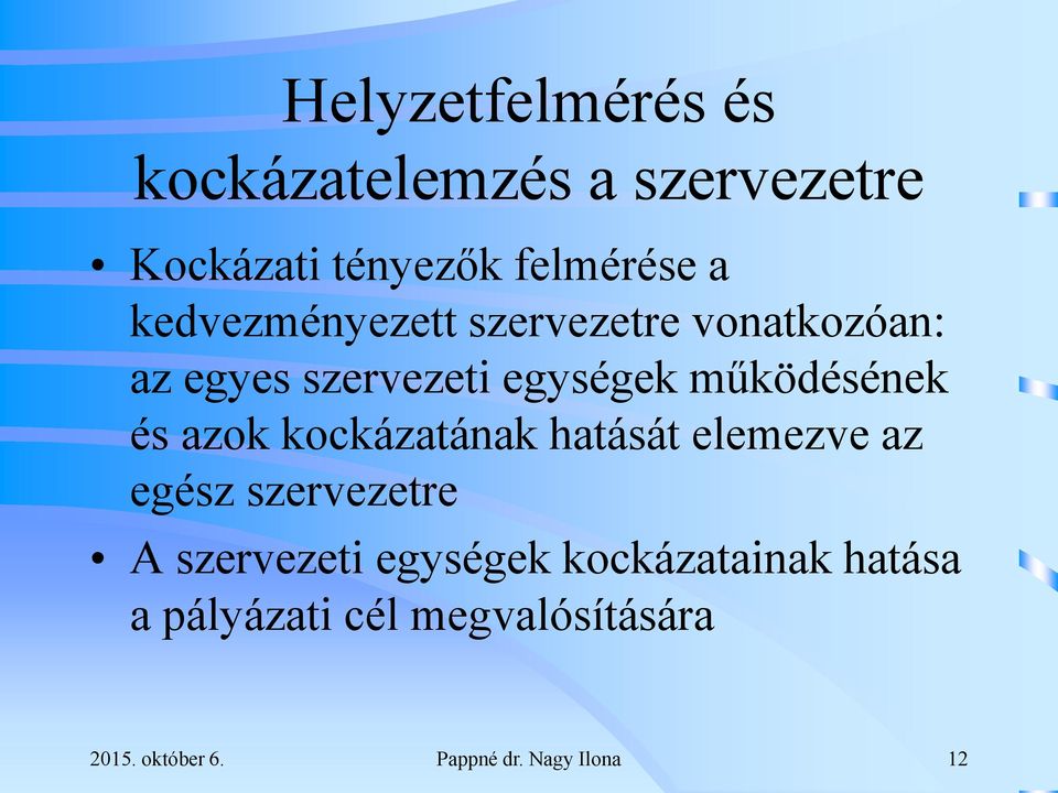 azok kockázatának hatását elemezve az egész szervezetre A szervezeti egységek