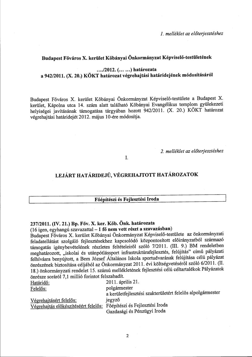 szám alatt található Kőbányai Evangélikus templom gyülekezeti helyiségei javításának támogatása tárgyában hozott 942/2011. (X. 20.) KÖKT határozat végrehajtási határidejét 2012.