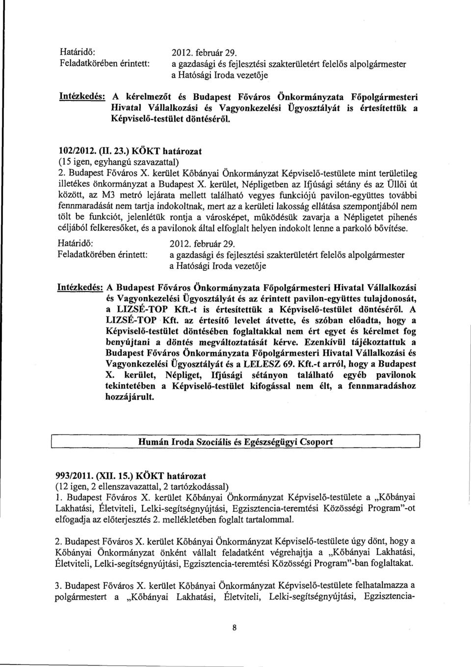 Vagyonkezelési Ügyosztályát is értesítettük a Képviselő-testület döntéséről. 102/2012. (II. 23.) KÖKT határozat 2. Budapest Főváros X.