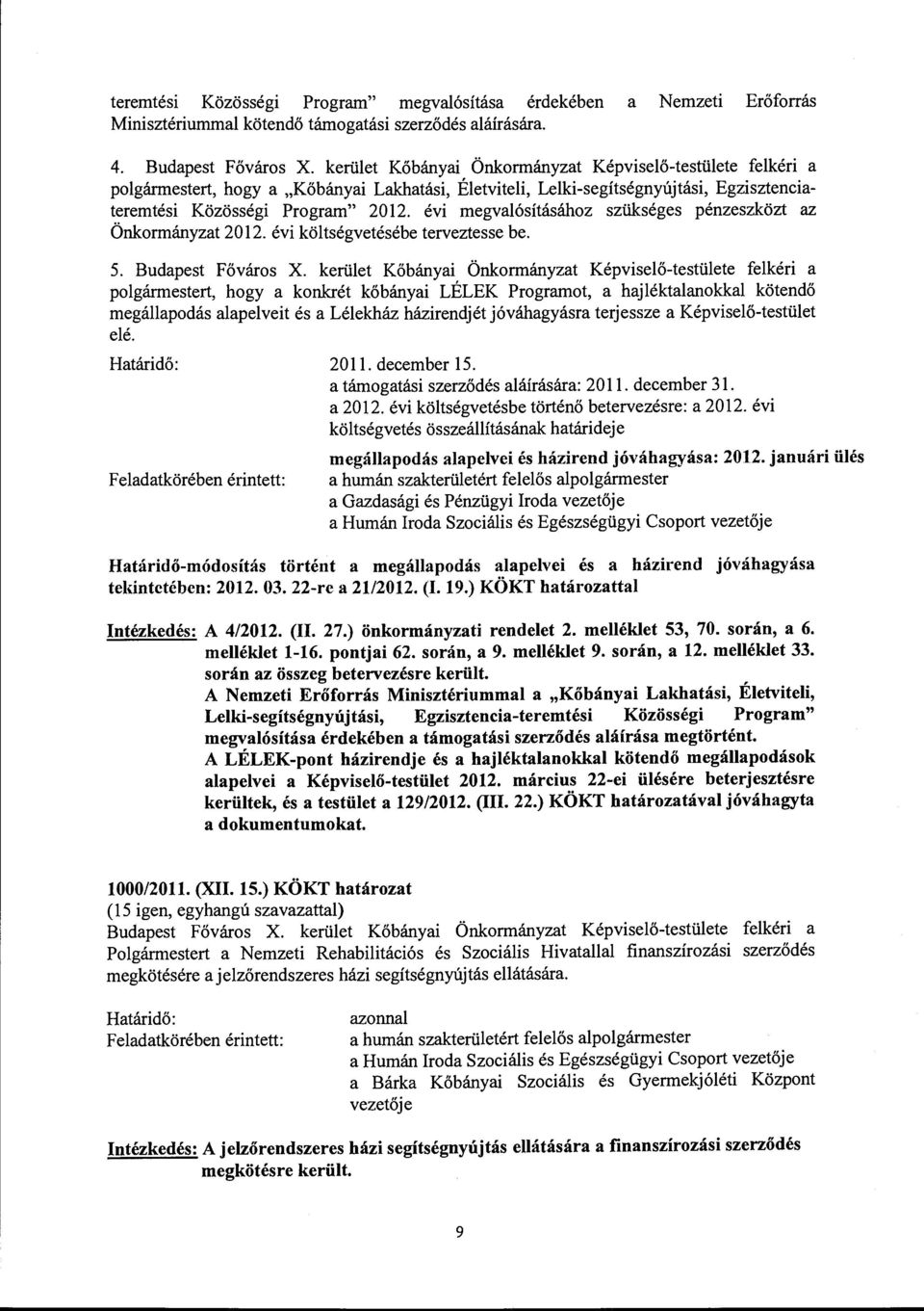 évi megvalósításához szükséges pénzeszközt az Önkormányzat 2012. évi költségvetésébe terveztesse be. 5. Budapest Főváros X.