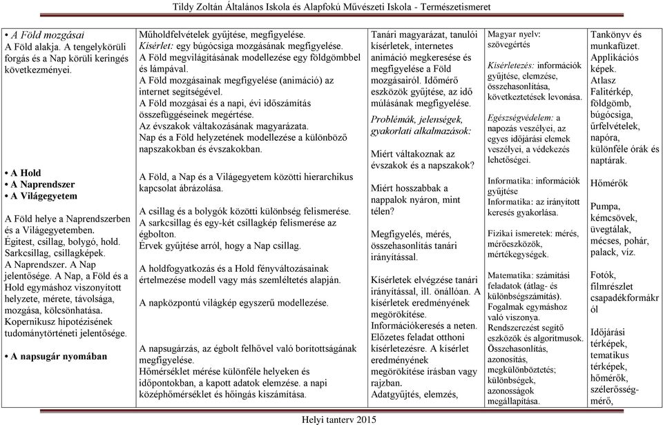 Kopernikusz hipotézisének tudománytörténeti jelentősége. A napsugár nyomában Műholdfelvételek gyűjtése, megfigyelése. Kísérlet: egy búgócsiga mozgásának megfigyelése.