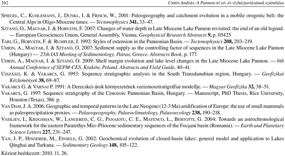 2007: Changes of water depth in Late Miocene Lake Pannon revisited: the end of an old legend. European Geosciences Union, General Assembly, Vienna. Geophysical Research Abstracts 9, p. 05425 TARI, G.