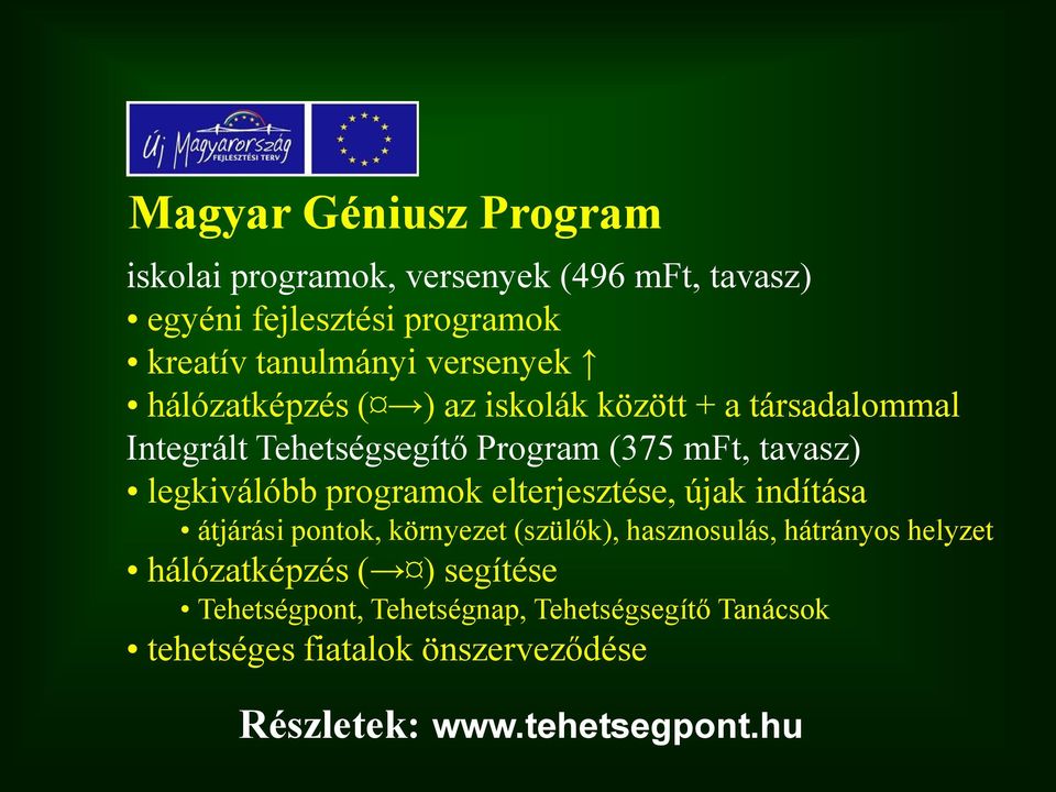 legkiválóbb programok elterjesztése, újak indítása átjárási pontok, környezet (szülők), hasznosulás, hátrányos helyzet