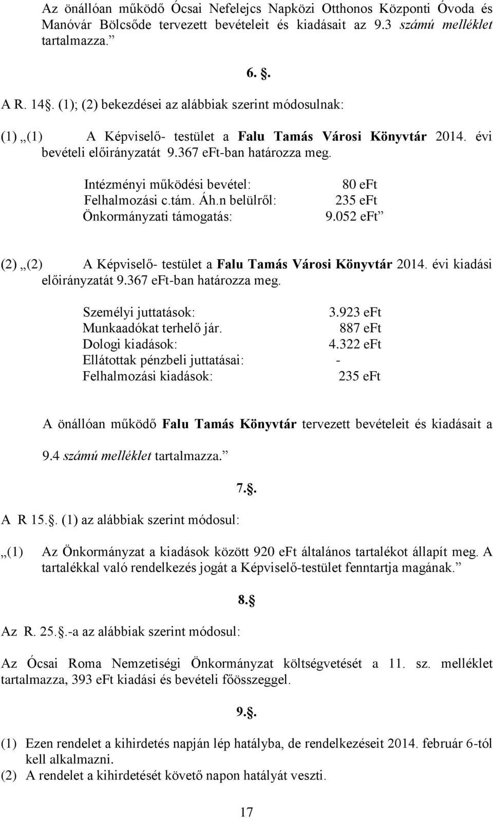 Intézményi működési bevétel: Felhalmozási c.tám. Áh.n belülről: Önkormányzati támogatás: 80 eft 235 eft 9.052 eft (2) (2) A Képviselő- testület a Falu Tamás Városi Könyvtár 2014.