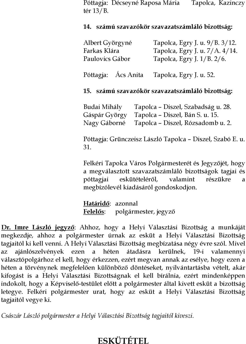 Gáspár György Tapolca Diszel, Bán S. u. 15. Nagy Gáborné Tapolca Diszel, Rózsadomb u. 2. Póttagja: Grünczeisz László Tapolca Diszel, Szabó E. u. 31.