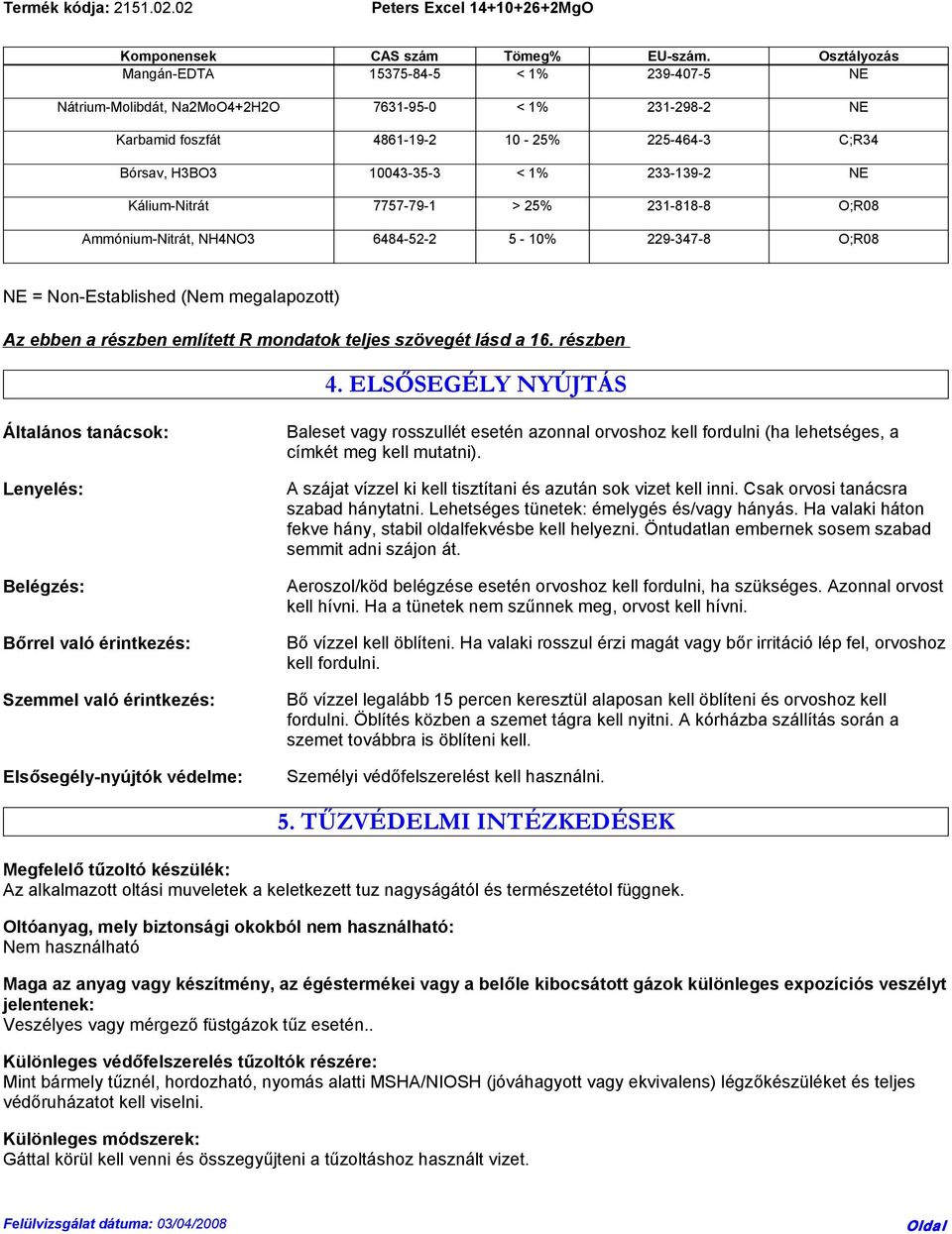 233-139-2 NE Kálium-Nitrát 7757-79-1 > 25% 231-818-8 O;R08 Ammónium-Nitrát, NH4NO3 6484-52-2 5-10% 229-347-8 O;R08 NE = Non-Established (Nem megalapozott) Az ebben a részben említett R mondatok