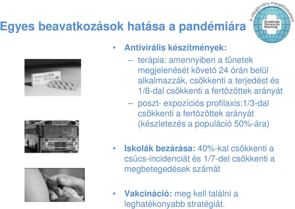 profilaxis:1/3-dal csökkenti a fertızöttek arányát (készletezés a populáció 50%-ára) Iskolák bezárása: 40%-kal