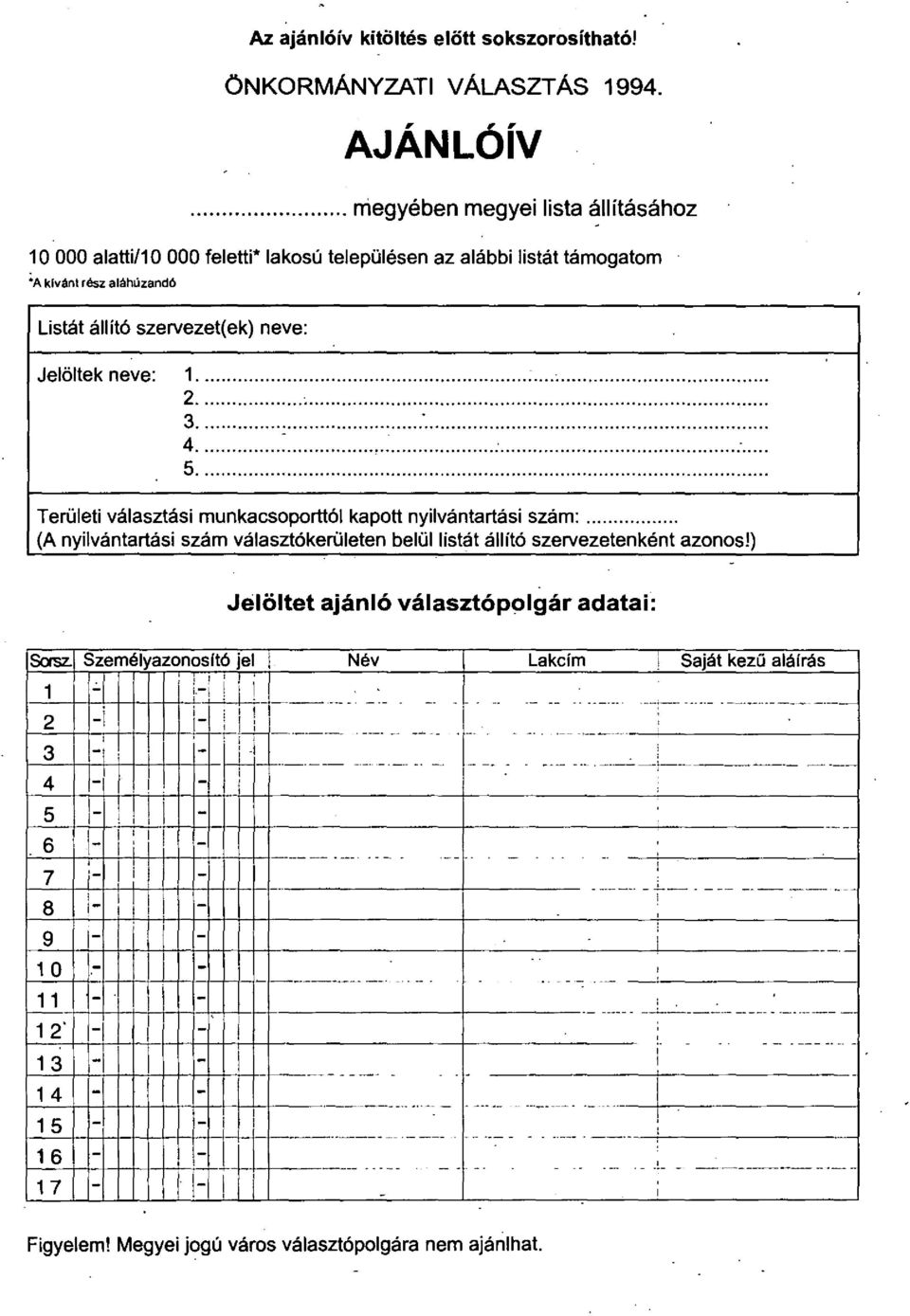 ... 2... ;.... 3... :.... 4... :... :.... 5.... TerOleti valaszlasi munkacsoportt61 kapott nyilvantartasi szam:.... (A nyilvanlartasi szam valaszt6keroieten belollislal allrl6 szervezelenkenl azonos!