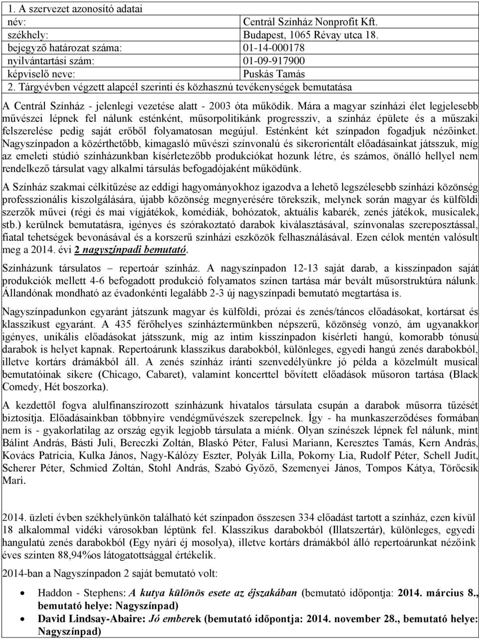 Tárgyévben végzett alapcél szerinti és közhasznú tevékenységek bemutatása A Centrál Színház - jelenlegi vezetése alatt - 2003 óta működik.