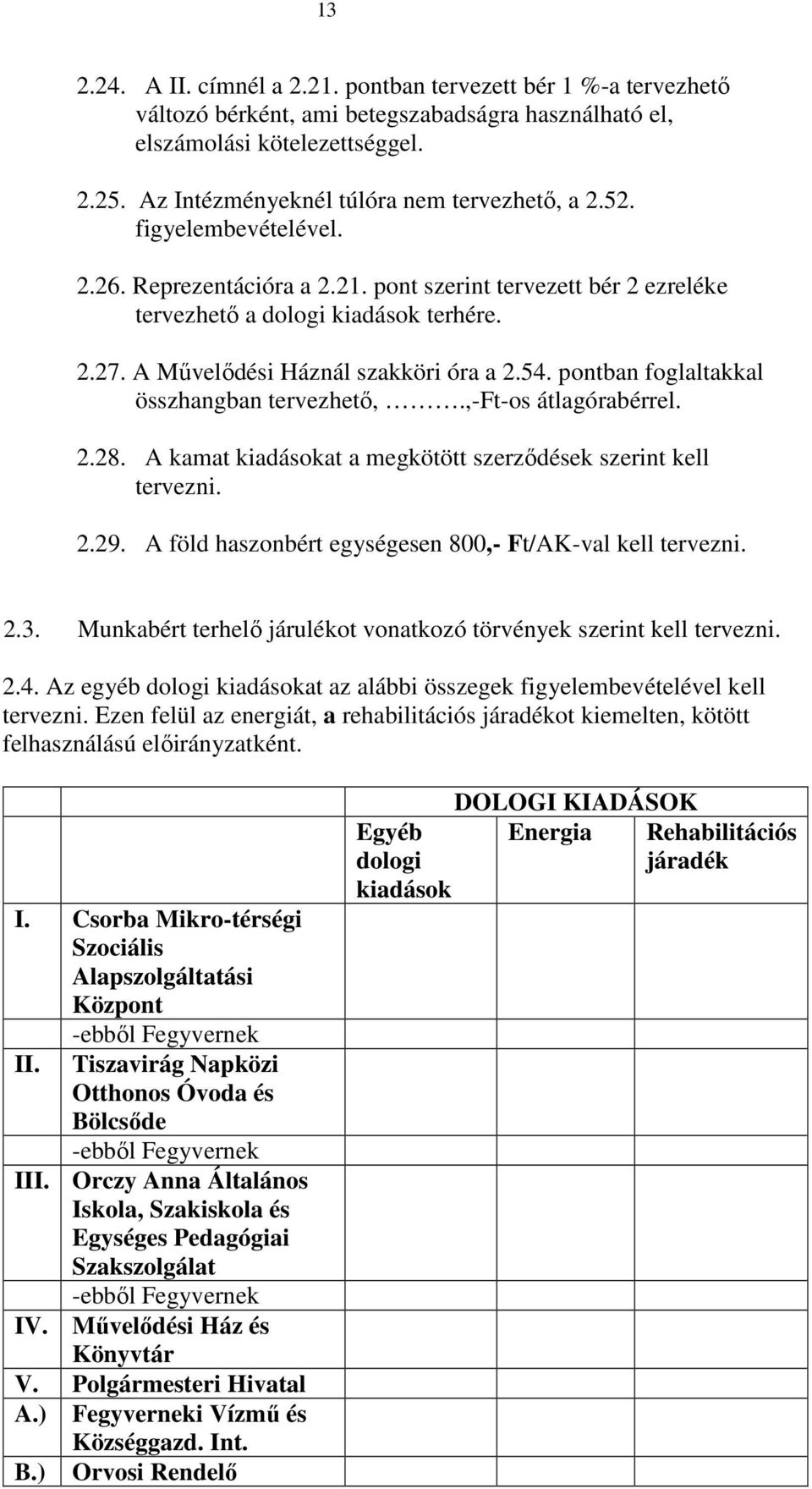 A Művelődési Háznál szakköri óra a 2.54. pontban foglaltakkal összhangban tervezhető,.,-ft-os átlagórabérrel. 2.28. A kamat kiadásokat a megkötött szerződések szerint kell tervezni. 2.29.