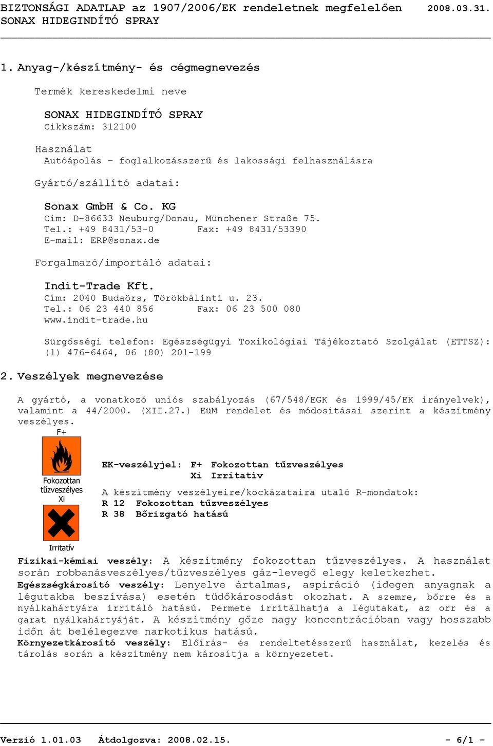 Tel.: 06 23 440 856 Fax: 06 23 500 080 www.indit-trade.hu Sürgősségi telefon: Egészségügyi Toxikológiai Tájékoztató Szolgálat (ETTSZ): (1) 476-6464, 06 (80) 201-199 2.