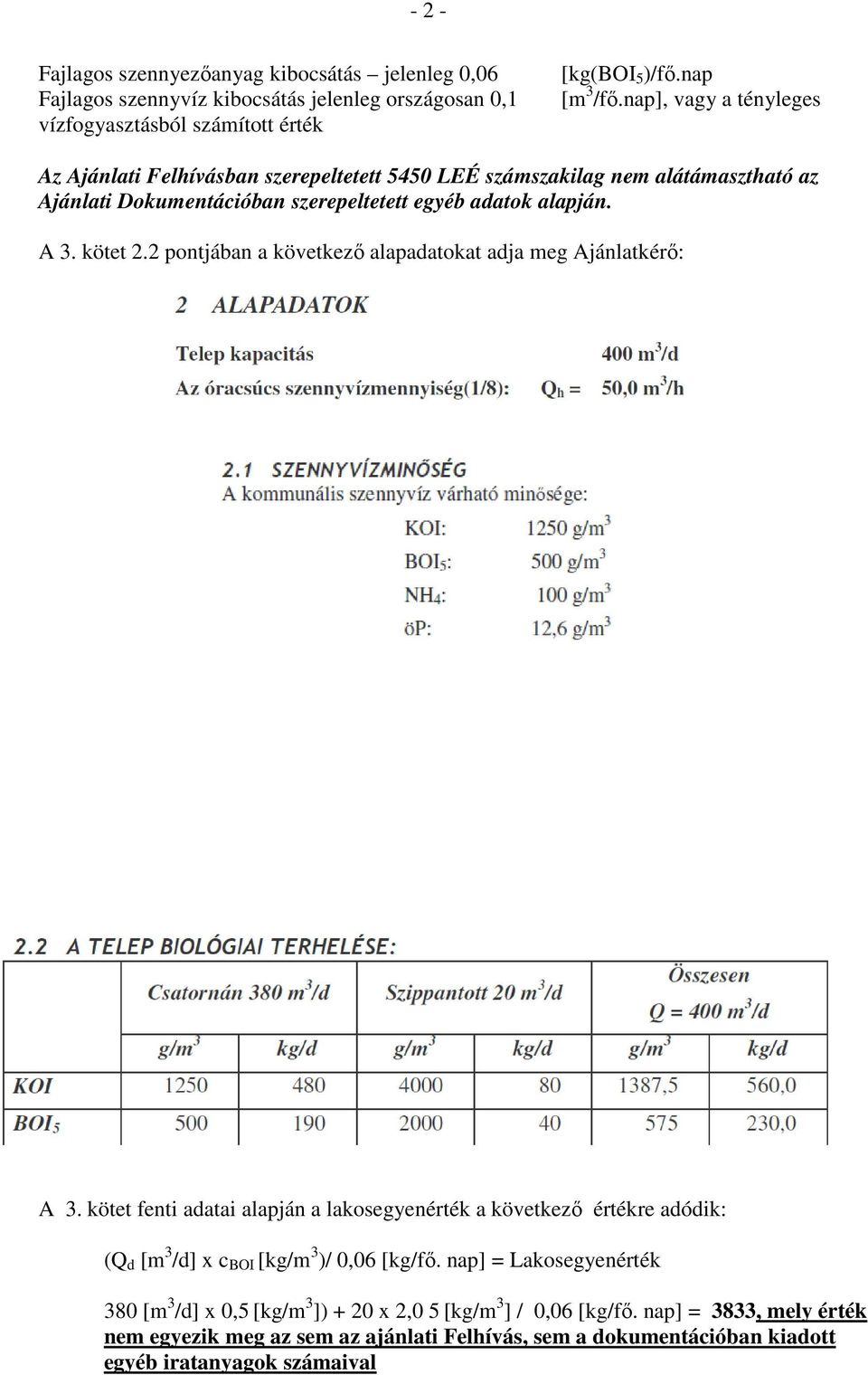 2 pontjában a következő alapadatokat adja meg Ajánlatkérő: A 3. kötet fenti adatai alapján a lakosegyenérték a következő értékre adódik: (Q d [m 3 /d] x c BOI [kg/m 3 )/ 0,06 [kg/fő.