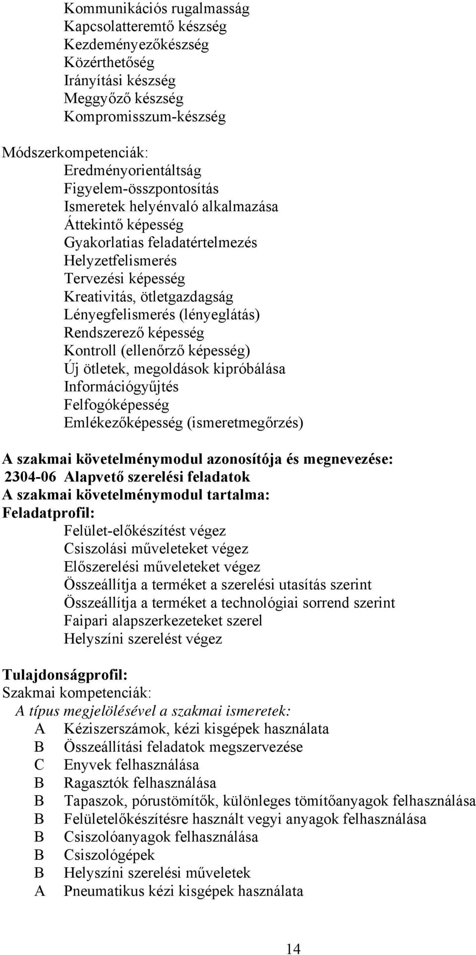 (lényeglátás) Rendszerező képesség Kontroll (ellenőrző képesség) Új ötletek, megoldások kipróbálása Információgyűjtés Felfogóképesség Emlékezőképesség (ismeretmegőrzés) A szakmai követelménymodul