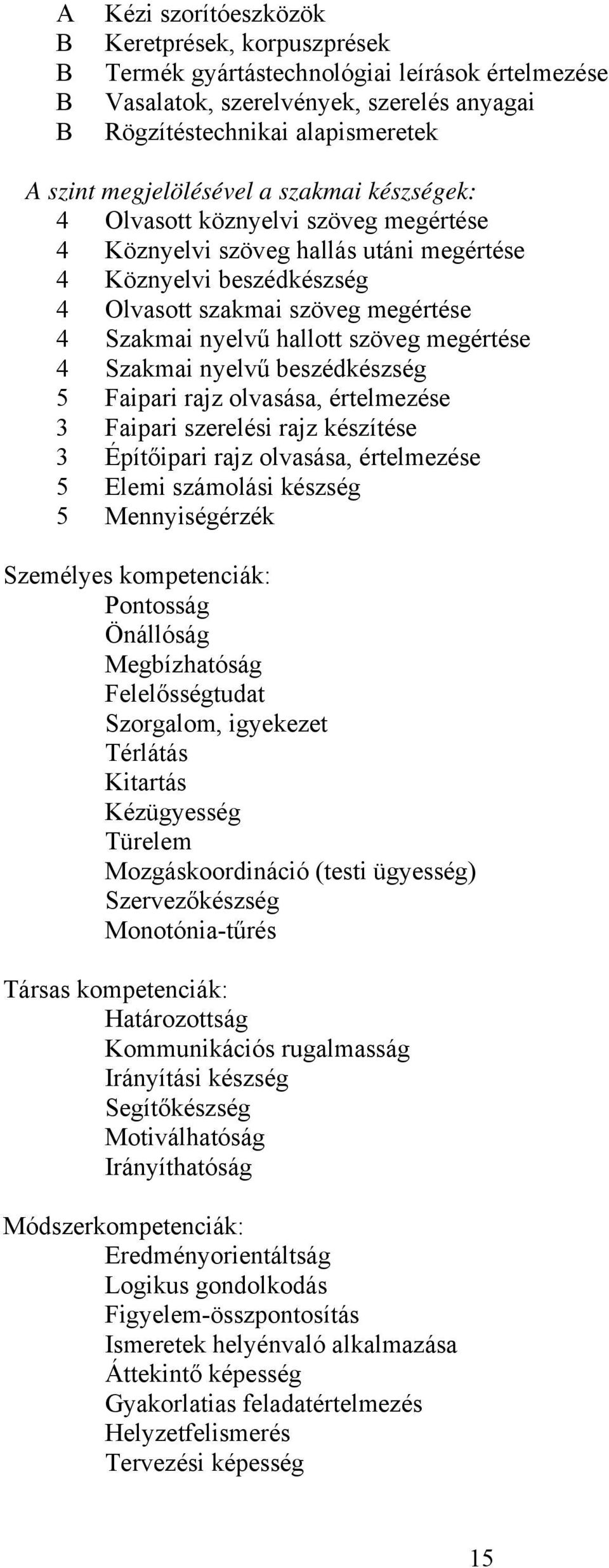 hallott szöveg megértése 4 Szakmai nyelvű beszédkészség 5 Faipari rajz olvasása, értelmezése 3 Faipari szerelési rajz készítése 3 Építőipari rajz olvasása, értelmezése 5 Elemi számolási készség 5