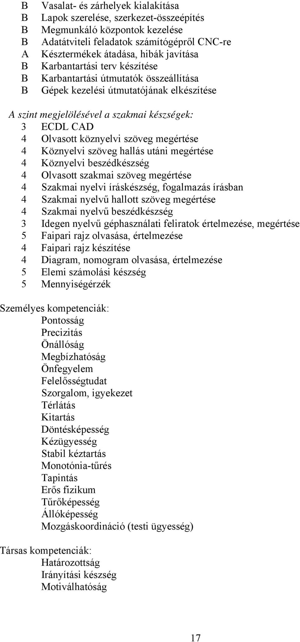 megértése 4 Köznyelvi szöveg hallás utáni megértése 4 Köznyelvi beszédkészség 4 Olvasott szakmai szöveg megértése 4 Szakmai nyelvi íráskészség, fogalmazás írásban 4 Szakmai nyelvű hallott szöveg