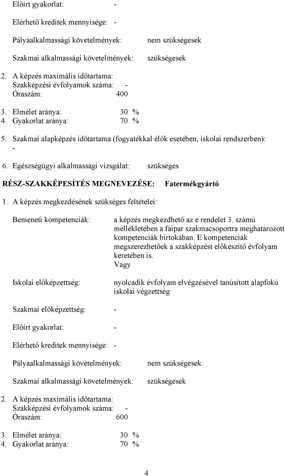 Szakmai alapképzés időtartama (fogyatékkal élők esetében, iskolai rendszerben): - 6. Egészségügyi alkalmassági vizsgálat: szükséges RÉSZ-SZAKKÉPESÍTÉS MEGNEVEZÉSE: Fatermékgyártó 1.