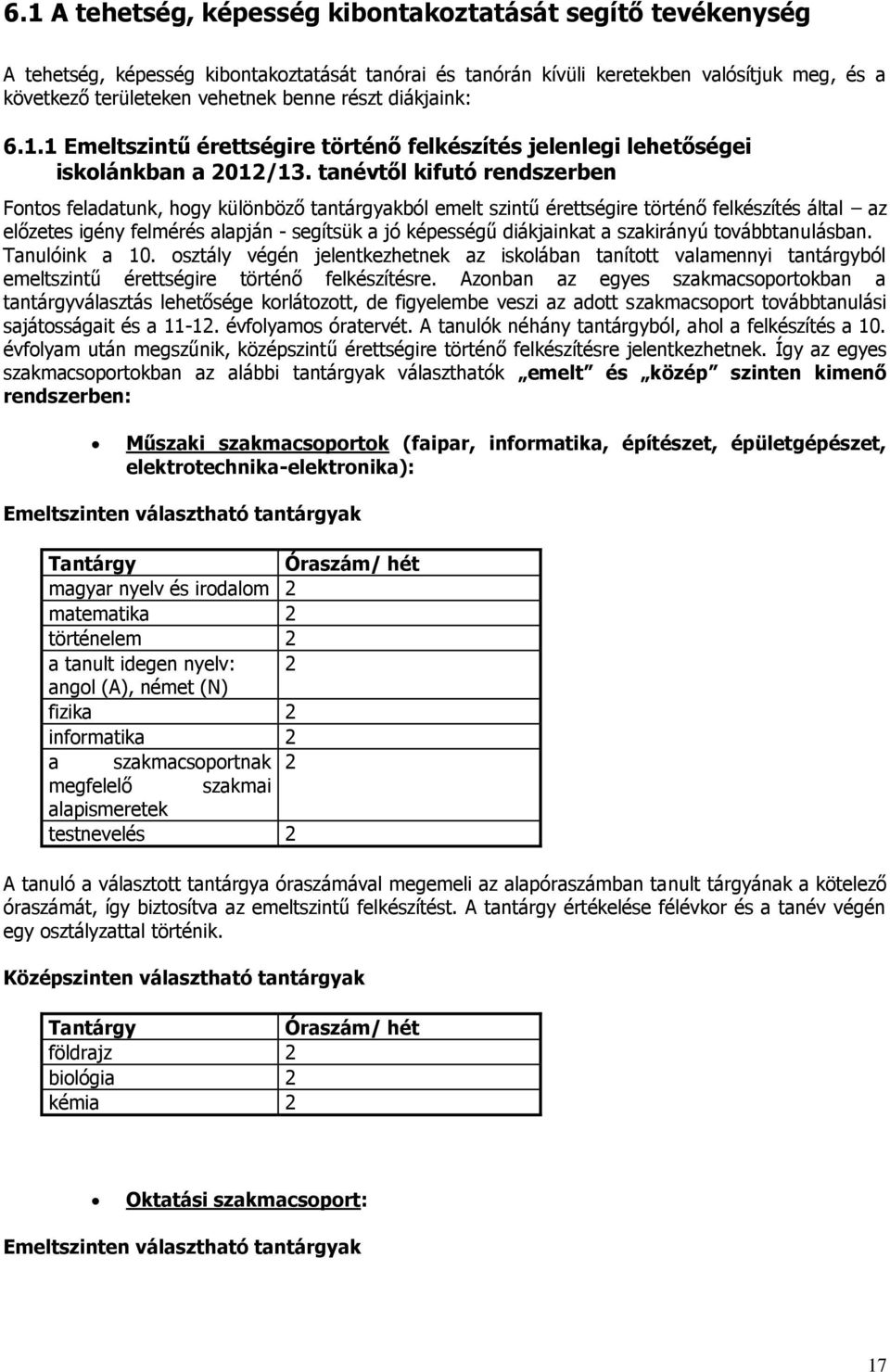 tanévtől kifutó rendszerben Fontos feladatunk, hogy különböző tantárgyakból emelt szintű érettségire történő felkészítés által az előzetes igény felmérés alapján - segítsük a jó képességű diákjainkat