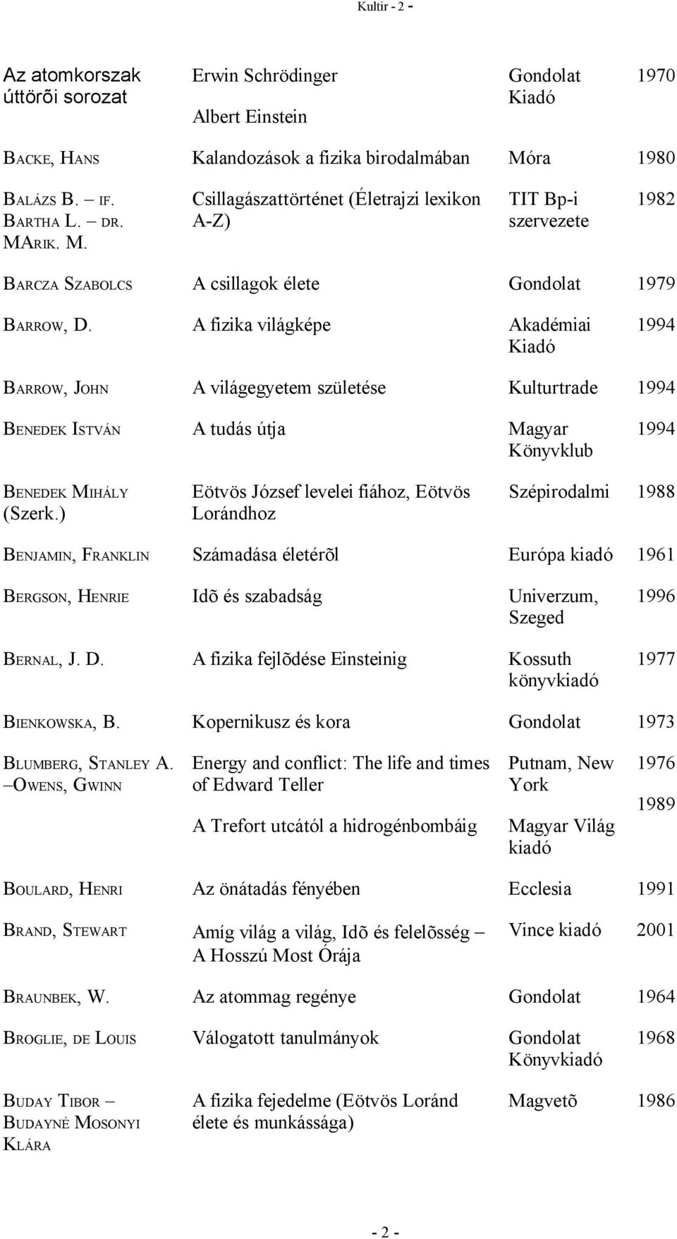 A fizika világképe Akadémiai 1994 BARROW, JOHN A világegyetem születése Kulturtrade 1994 BENEDEK ISTVÁN A tudás útja Magyar Könyvklub 1994 BENEDEK MIHÁLY (Szerk.