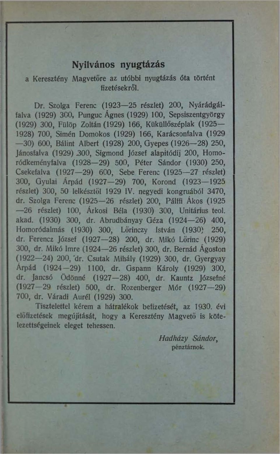 166, Karácsonfalva (1929 30) 600, Bálint Albert (1928) 200, Gyepes (1926 28) 250, Jánosfalva (1929)300, Sigmond József alapitódíj 200, Homoródkeményfalva (1928 29) 500, Péter Sándor (1930) 250,