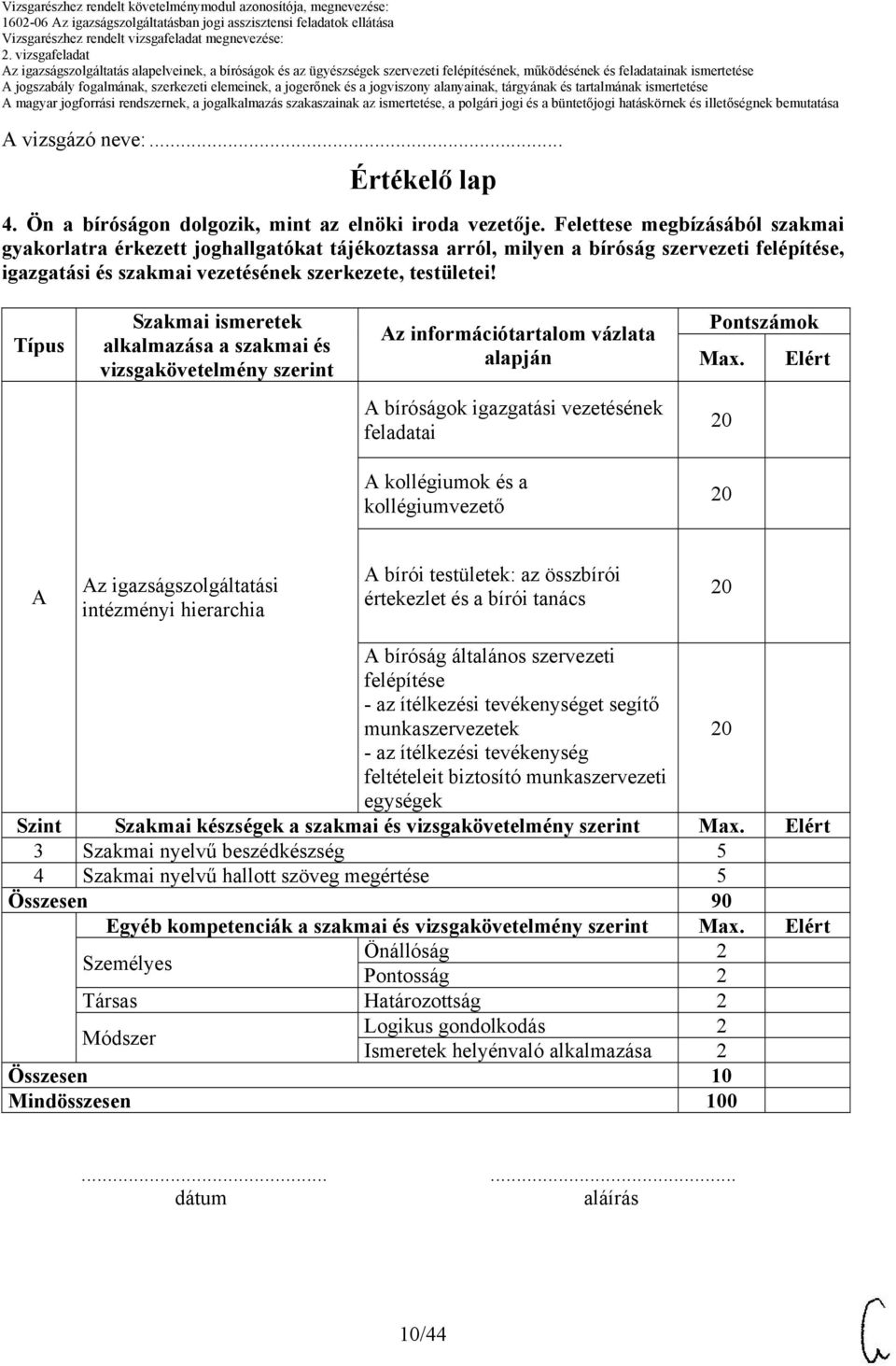 Típus Szakmai ismeretek alkalmazása a szakmai és vizsgakövetelmény szerint Az információtartalom vázlata alapján Pontszámok Max.