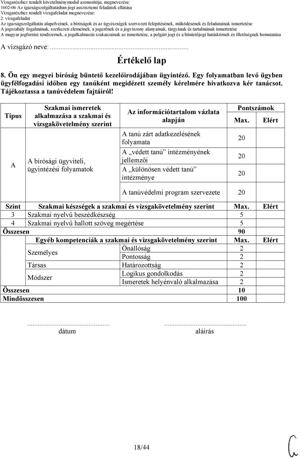 Típus A Szakmai ismeretek alkalmazása a szakmai és vizsgakövetelmény szerint A bírósági ügyviteli, ügyintézési folyamatok Az információtartalom vázlata alapján A tanú zárt adatkezelésének folyamata A