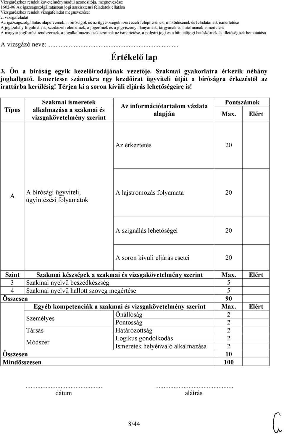 Típus Szakmai ismeretek alkalmazása a szakmai és vizsgakövetelmény szerint Az információtartalom vázlata alapján Pontszámok Max.