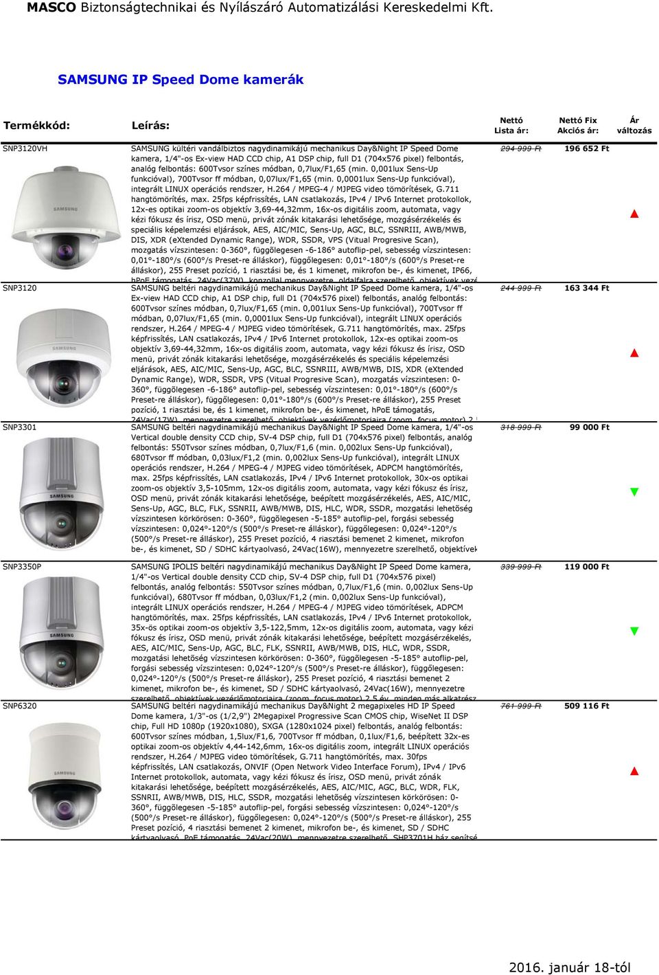 0,0001lux Sens-Up funkcióval), integrált LINUX operációs rendszer, H.264 / MPEG-4 / MJPEG video tömörítések, G.711 hangtömörítés, max.