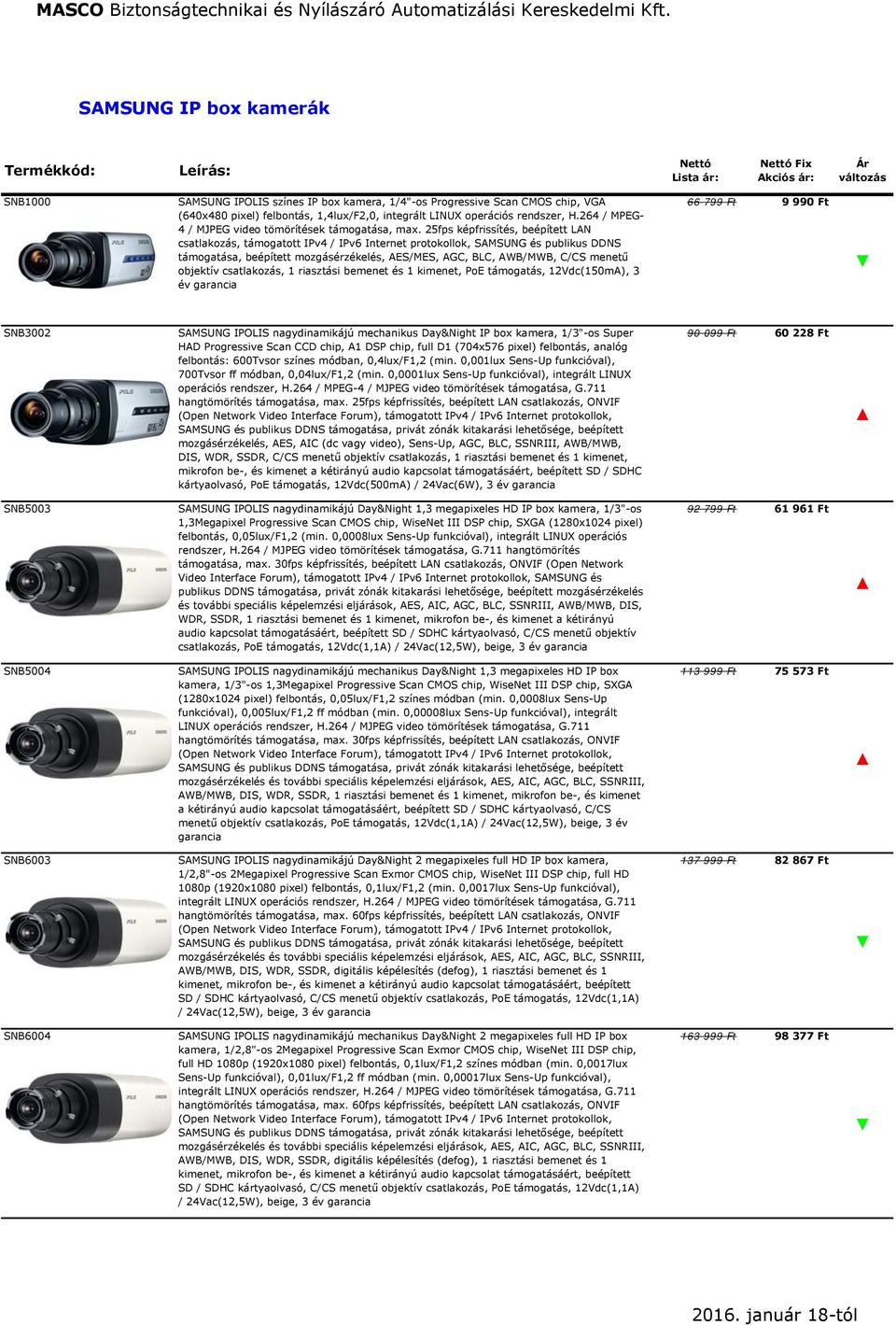 25fps képfrissítés, beépített LAN csatlakozás, támogatott IPv4 / IPv6 Internet protokollok, SAMSUNG és publikus DDNS támogatása, beépített mozgásérzékelés, AES/MES, AGC, BLC, AWB/MWB, C/CS menetű