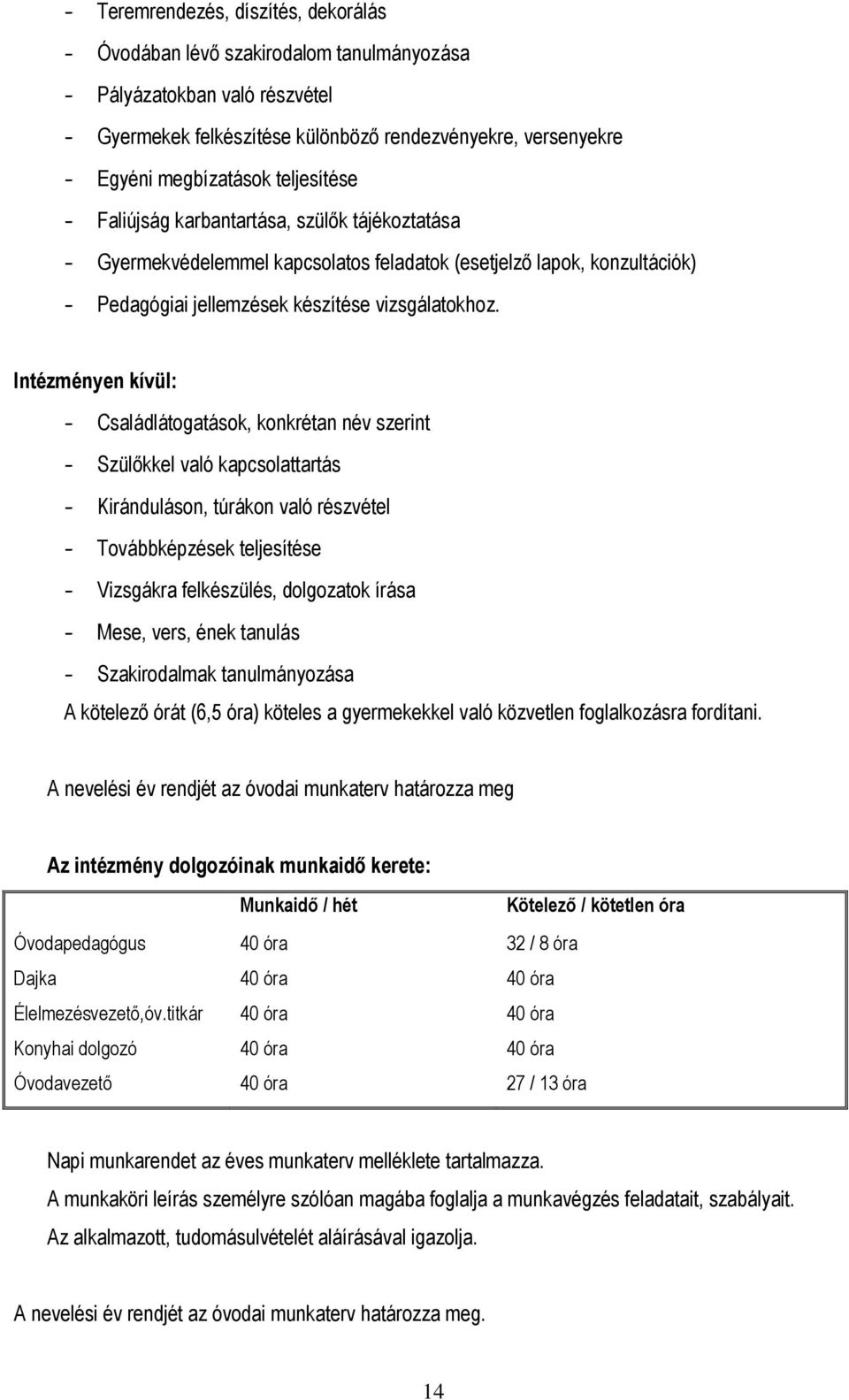 Intézményen kívül: - Családlátogatások, konkrétan név szerint - Szülőkkel való kapcsolattartás - Kiránduláson, túrákon való részvétel - Továbbképzések teljesítése - Vizsgákra felkészülés, dolgozatok