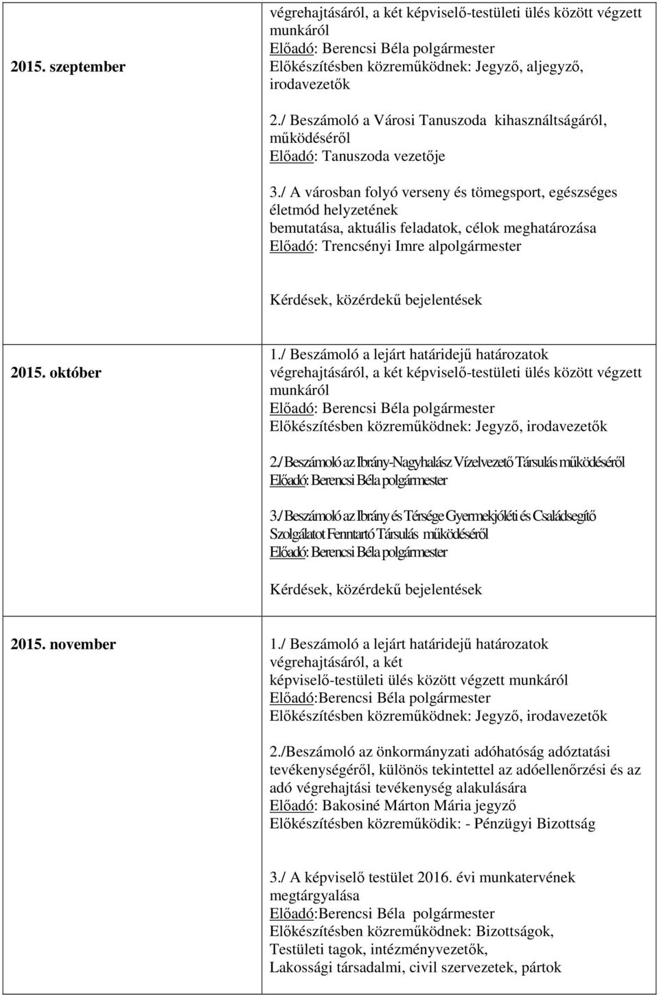 / Beszámoló az Ibrány-Nagyhalász Vízelvezető Társulás működéséről 3./ Beszámoló az Ibrány és Térsége Gyermekjóléti és Családsegítő Szolgálatot Fenntartó Társulás működéséről 2015.