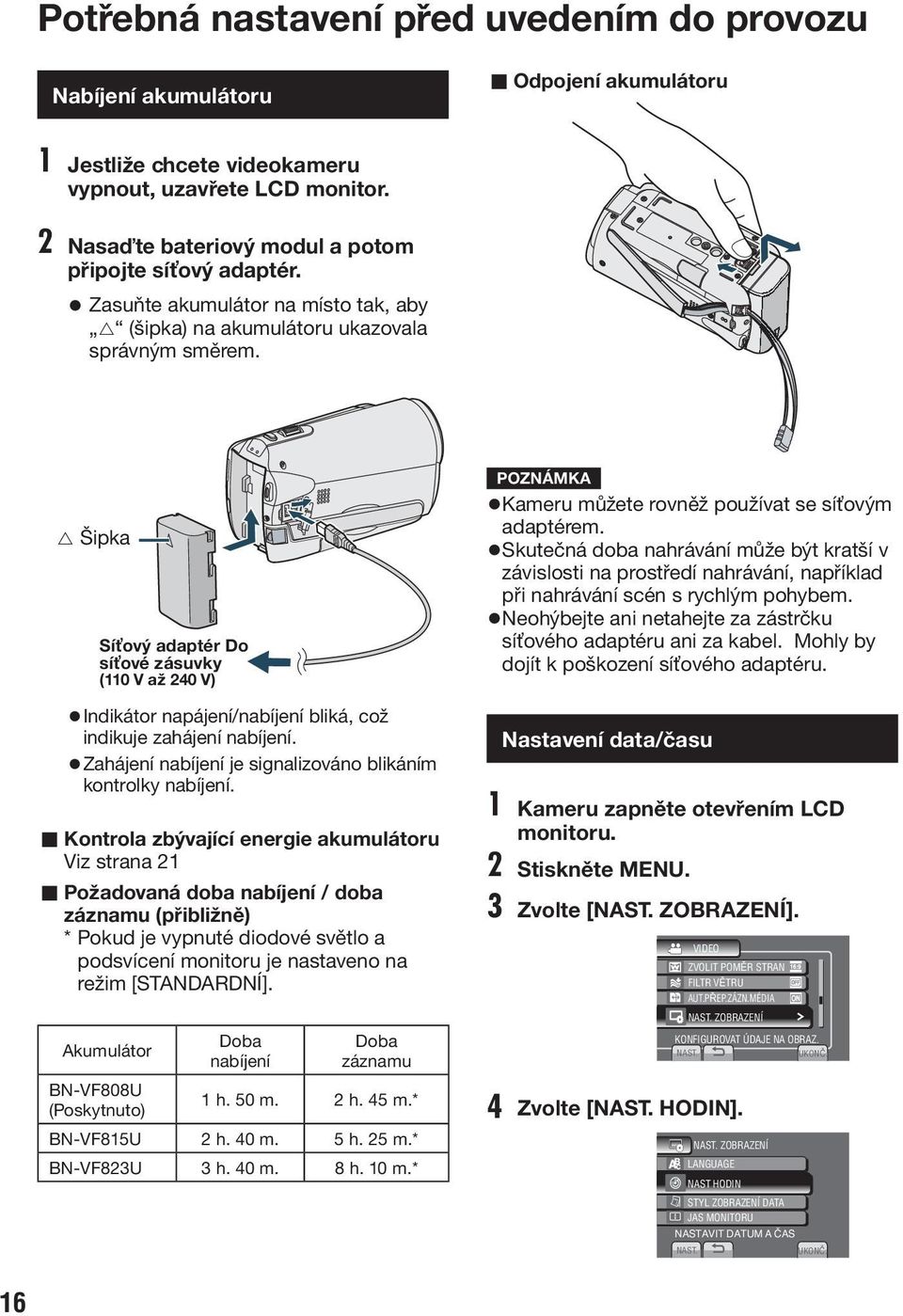 šipka Síťový adaptér Do síťové zásuvky (110 V až 240 V) Indikátor napájení/nabíjení bliká, což indikuje zahájení nabíjení. Zahájení nabíjení je signalizováno blikáním kontrolky nabíjení.