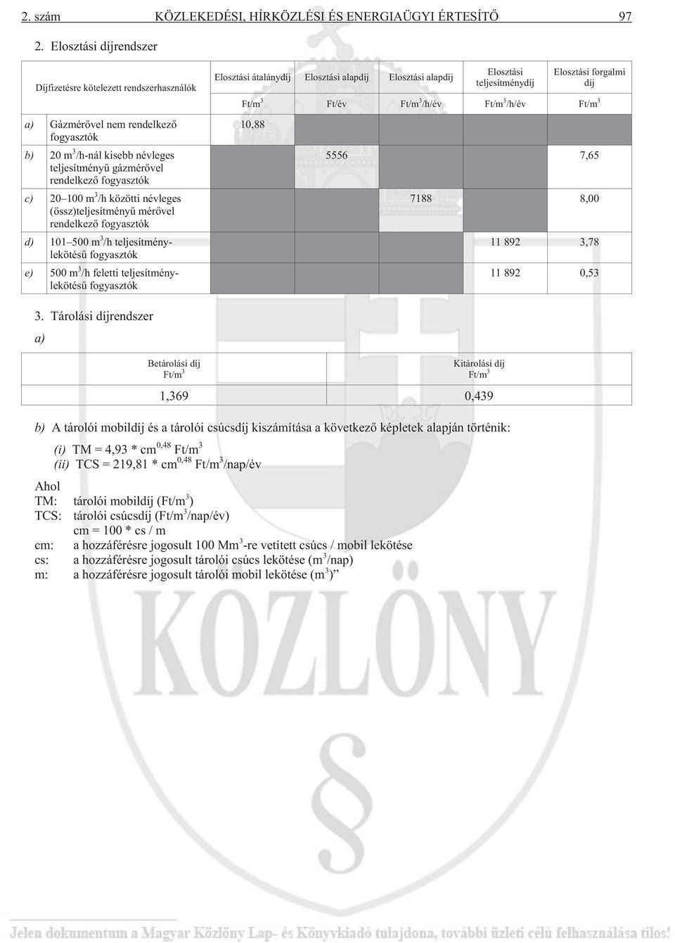 /h közötti névleges (össz)teljesítményû mérõvel rendelkezõ fogyasztók d) 101 500 m 3 /h teljesítménylekötésû fogyasztók e) 500 m 3 /h feletti teljesítménylekötésû fogyasztók Elosztási átalánydíj