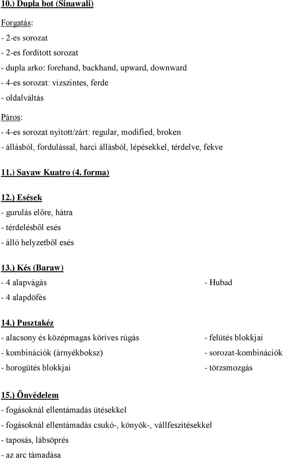 ) Esések - gurulás előre, hátra - térdelésből esés - álló helyzetből esés 13.) Kés (Baraw) - 4 alapvágás - 4 alapdöfés - Hubad 14.