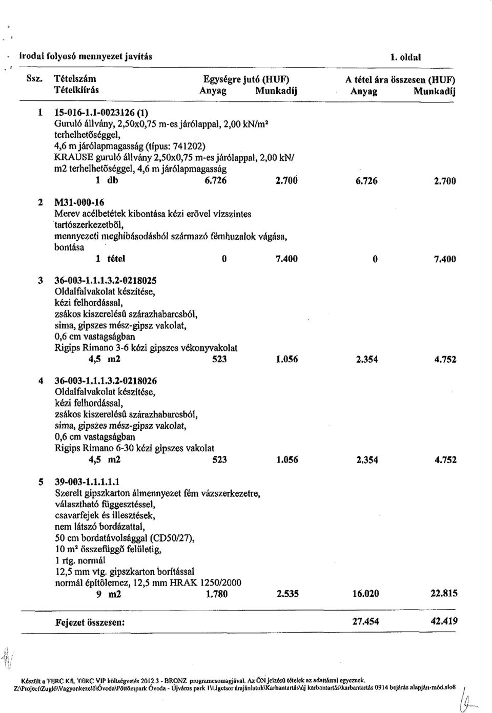 terhelhetőséggel, 4,6 m járólapmagasság 1 db 6.726 2.