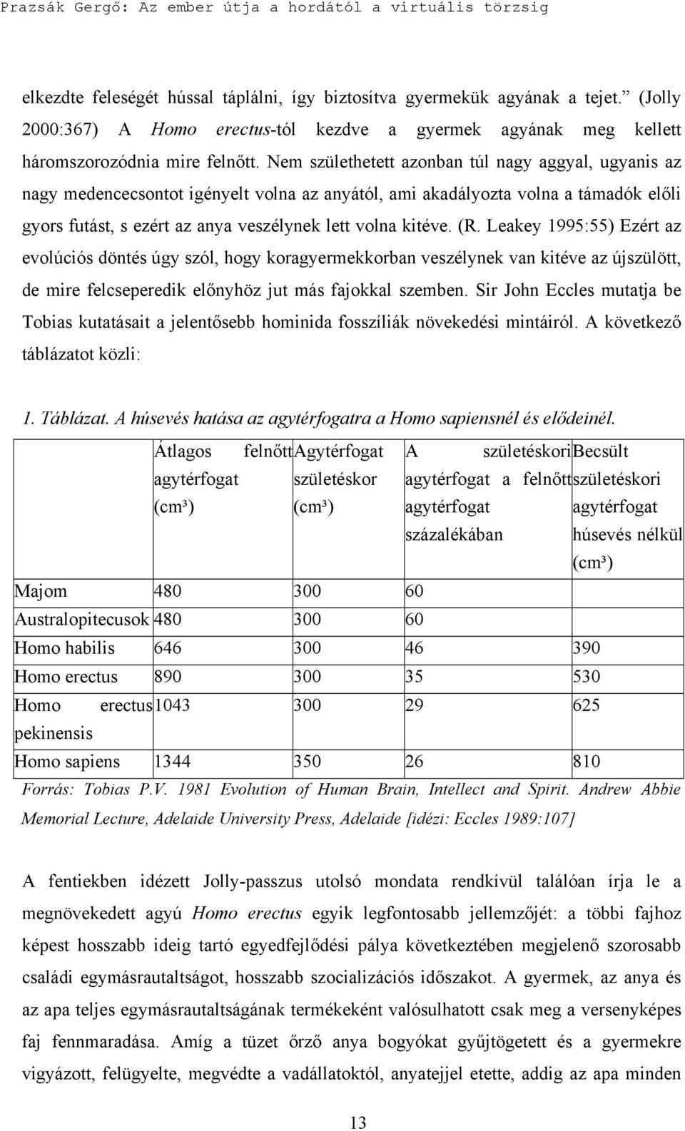 (R. Leakey 1995:55) Ezért az evolúciós döntés úgy szól, hogy koragyermekkorban veszélynek van kitéve az újszülött, de mire felcseperedik előnyhöz jut más fajokkal szemben.