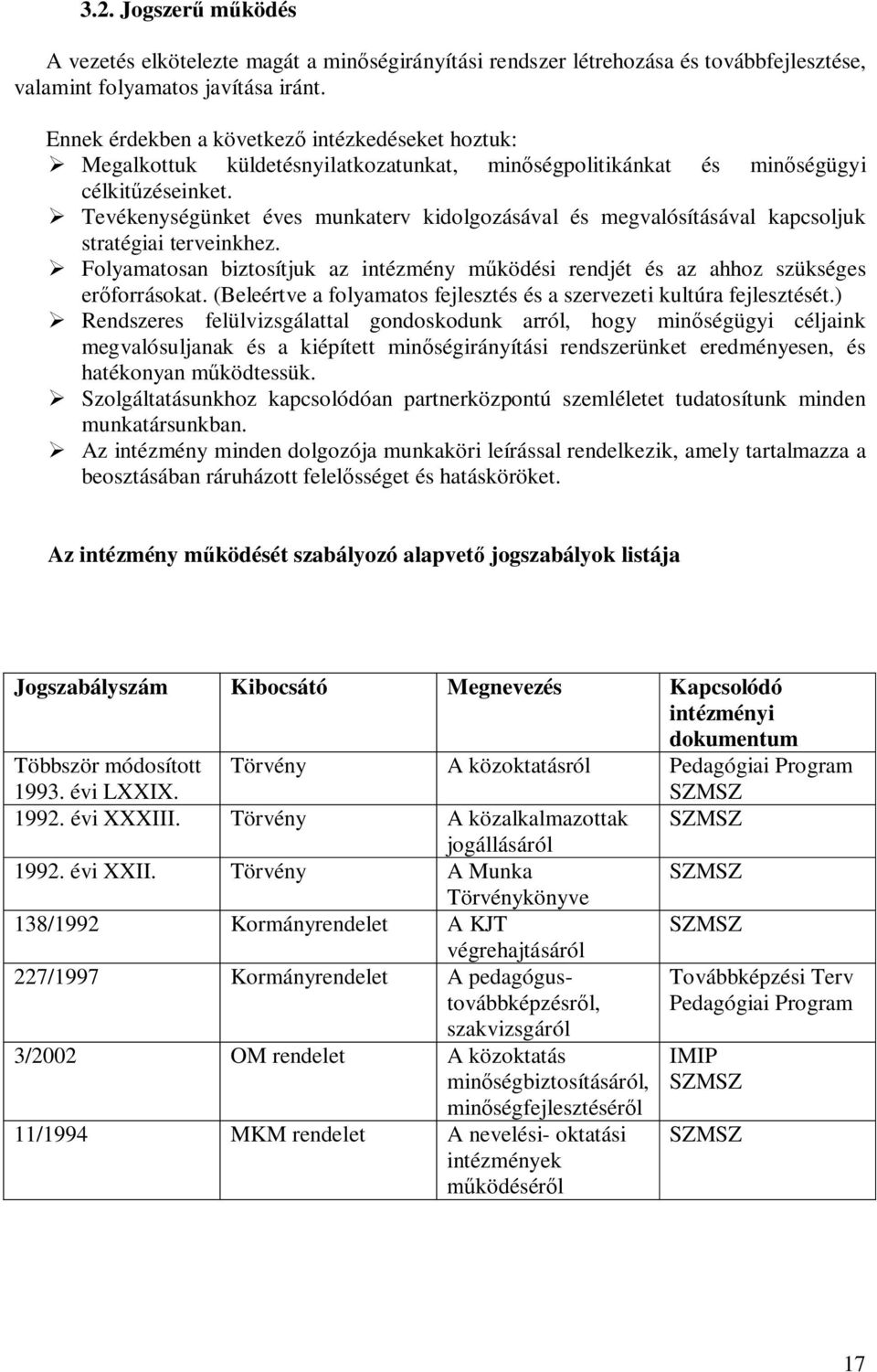 Tevékenységünket éves munkaterv kidolgozásával és megvalósításával kapcsoljuk stratégiai terveinkhez. Folyamatosan biztosítjuk az intézmény m ködési rendjét és az ahhoz szükséges er forrásokat.