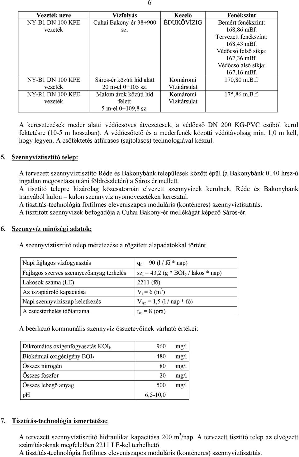 Malom árok közúti híd felett 5 m-el 0+109,8 sz. Vízitársulat Komáromi Vízitársulat 175,86 m.b.f. A keresztezések meder alatti védőcsöves átvezetések, a védőcső DN 200 KG-PVC csőből kerül fektetésre (10-5 m hosszban).