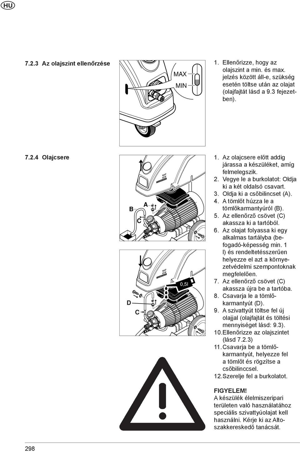 A tömlőt húzza le a A B tömlőkarmantyúról (B). 5. Az ellenőrző csövet (C) C akassza ki a tartóból. 6. Az olajat folyassa ki egy alkalmas tartályba (befogadó-képesség min.